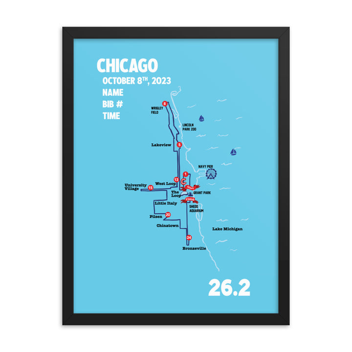 Chicago Map Print - Personalized Marathon Map with Year, Finisher Time, Bib Number - Marathon Map