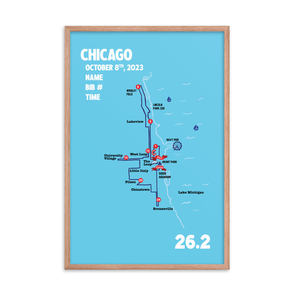 Chicago Map Print - Personalized Marathon Map with Year, Finisher Time, Bib Number - Marathon Map