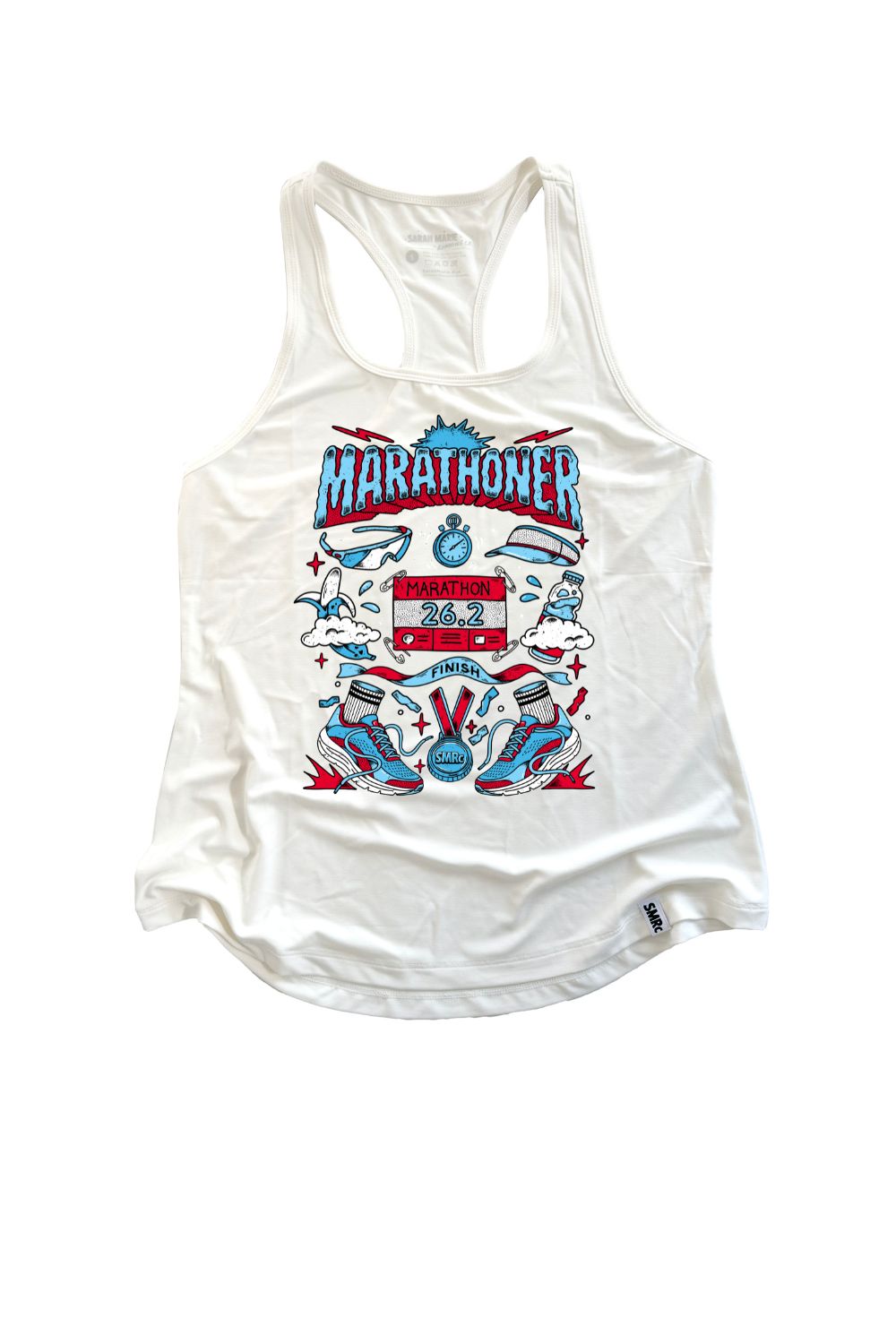 A moisture wicking racerback tank top featuring a colorful graphic print on the front with the word 'MARATHONER' and various running-themed illustrations in red, blue, and white for Chicago marathon outfit