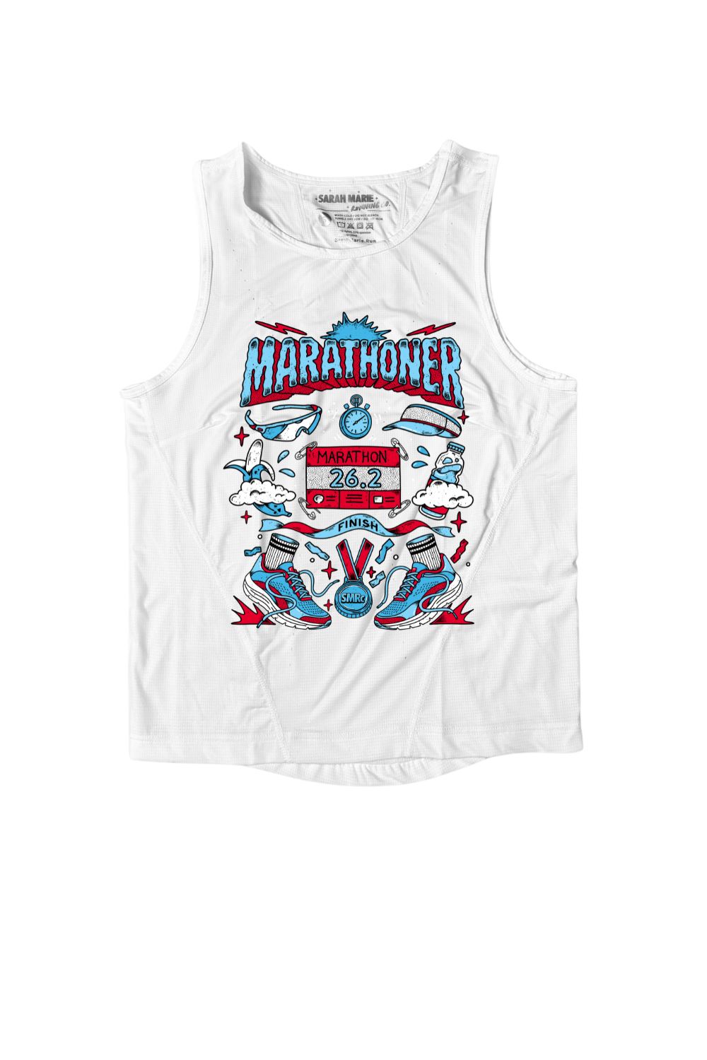 A white moisture wicking women's running tank top featuring a colorful graphic print on the front with the word 'MARATHONER' and a running-themed illustration in blue, red, and black. Chicago Marathon Tank
