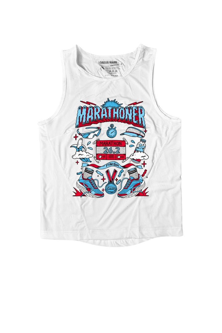 A white moisture wicking women's running tank top featuring a colorful graphic print on the front with the word 'MARATHONER' and a running-themed illustration in blue, red, and black. Chicago Marathon Tank