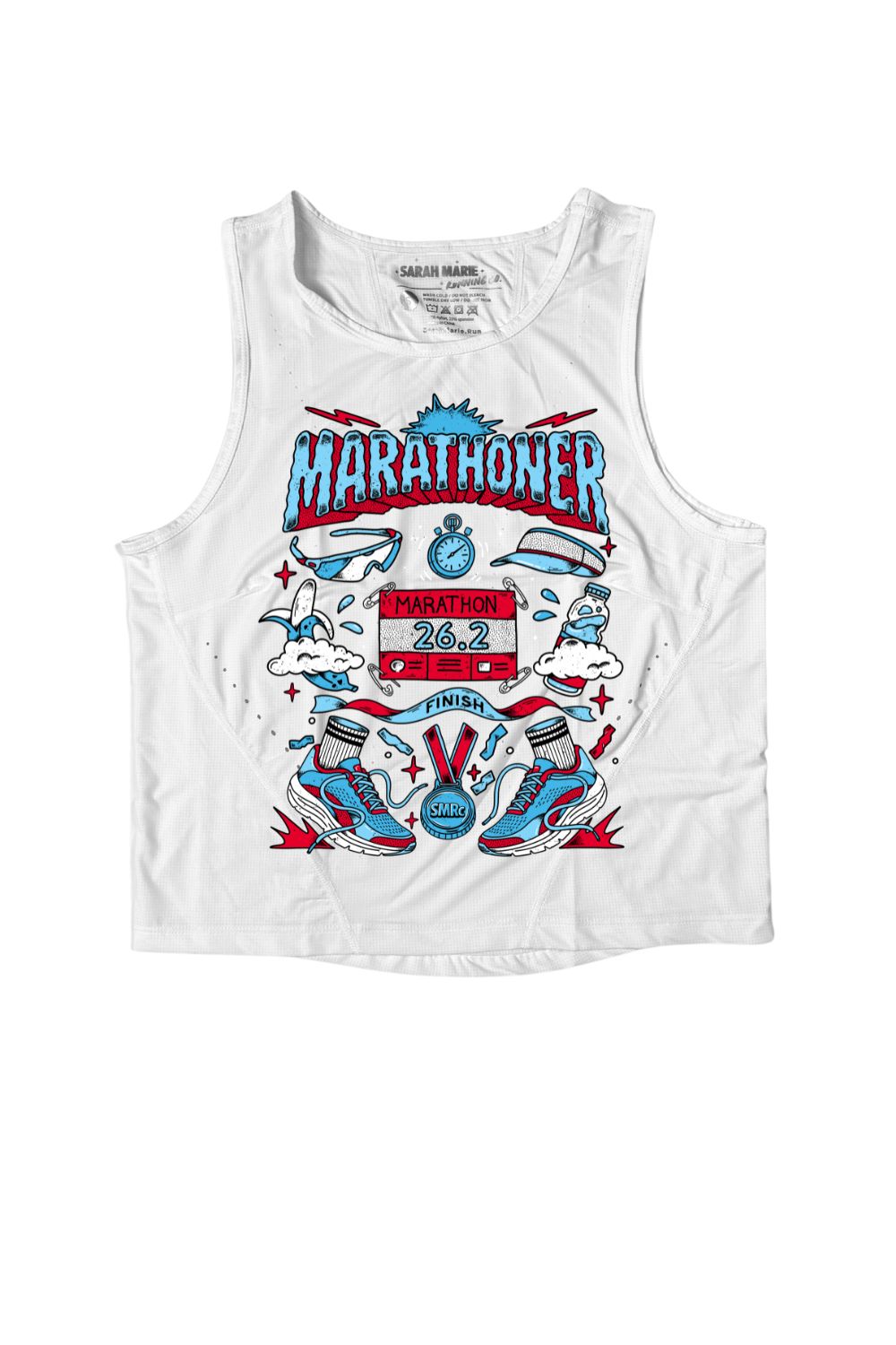 A white sleeveless tank top featuring a colorful graphic print on the front with the word 'MARATHONER' perfect for the Chicago Marathon in blue and red, along with illustrations of runners, a stopwatch, and a finish line.