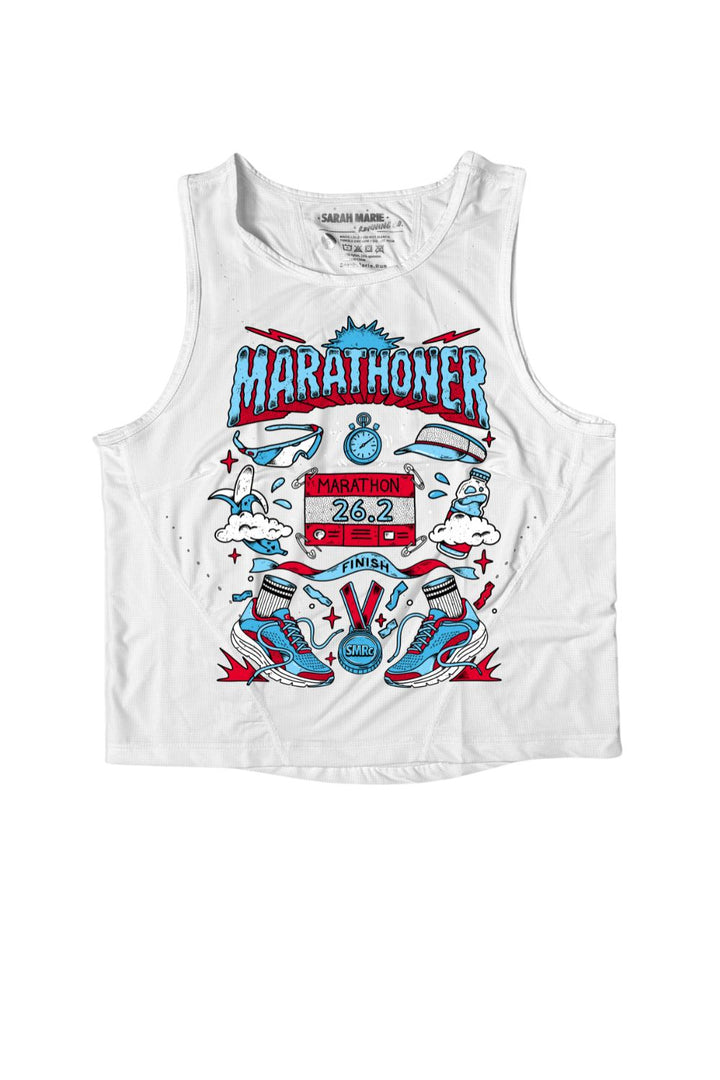 A white sleeveless tank top featuring a colorful graphic print on the front with the word 'MARATHONER' perfect for the Chicago Marathon in blue and red, along with illustrations of runners, a stopwatch, and a finish line.
