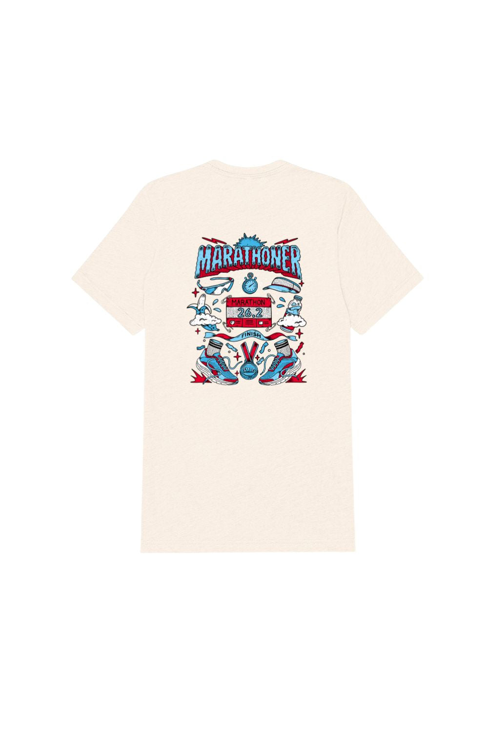 A cream-colored short-sleeve t-shirt shown from the back, featuring a large, colorful graphic print on the center back with the word 'MARATHON' and various illustrated elements in red, blue, and white.