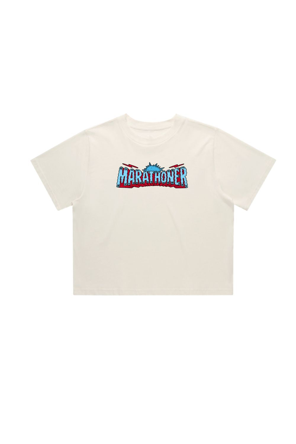 An off-white short-sleeve t-shirt with a colorful 'Marathoner' graphic printed across the chest, displayed flat against a solid white background.