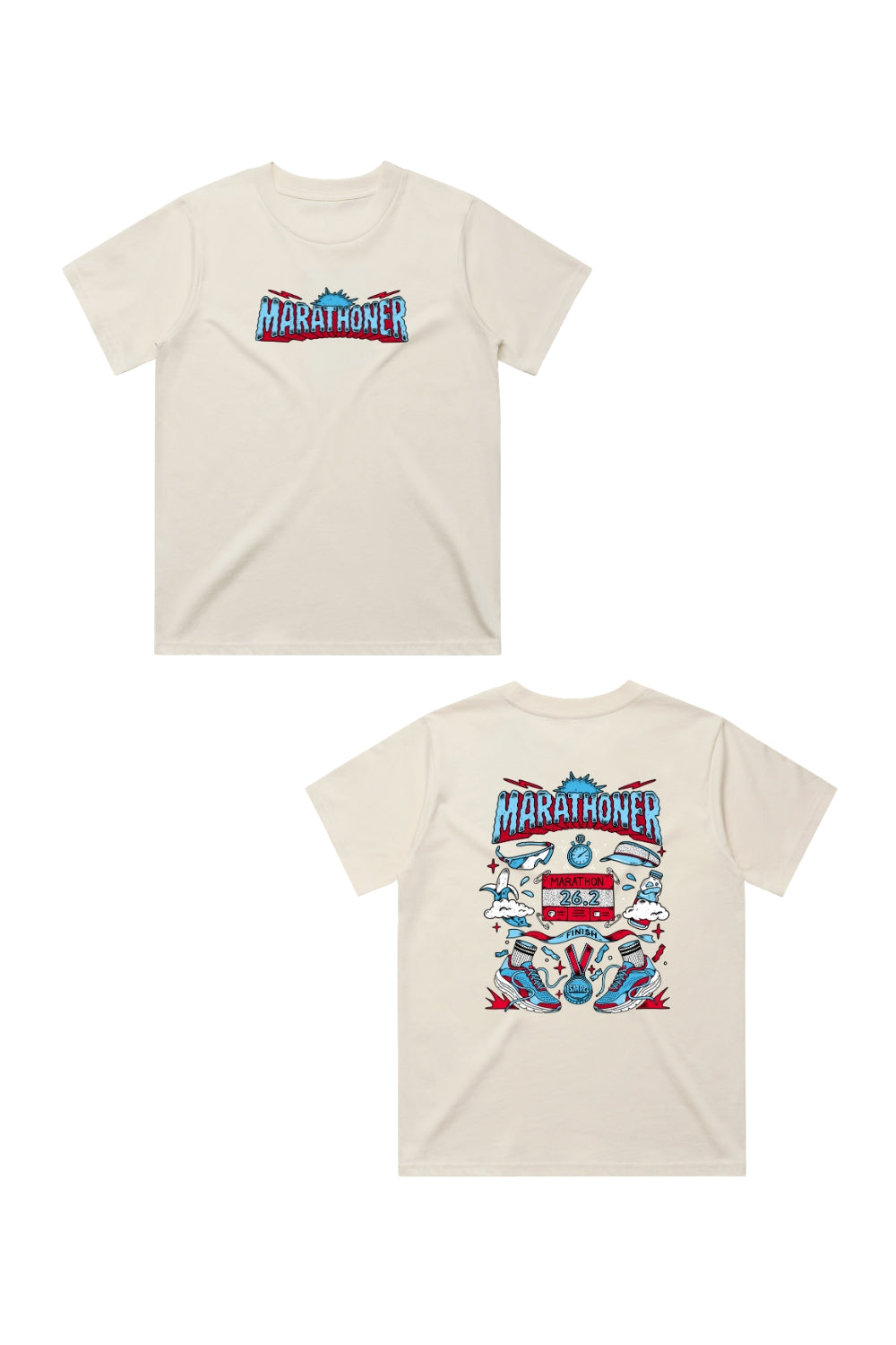 A cream-colored short-sleeve t-shirt shown from both the front and back. The front features a colorful 'Marathoner' graphic across the chest, and the back features a large, detailed multicolor graphic with the word 'Marathoner' at the top and illustrations of running shoes and a heart.