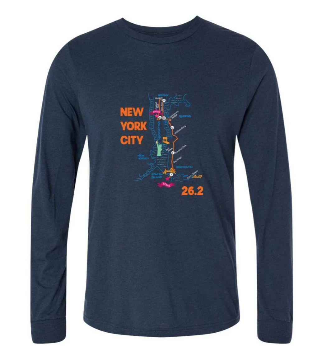 A navy blue long-sleeve t-shirt with a colorful graphic of a New York City map and the text 'NEW YORK CITY' and '26.2' printed on the chest.