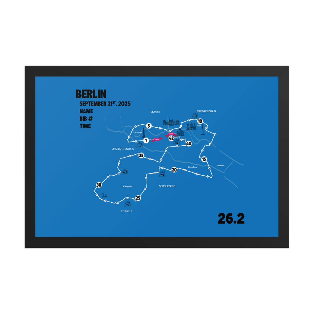 BERLIN MAP PRINT - PERSONALIZED MARATHON MAP WITH YEAR, FINISHER TIME, BIB NUMBER - MARATHON MAP - Sarah Marie Running Co.