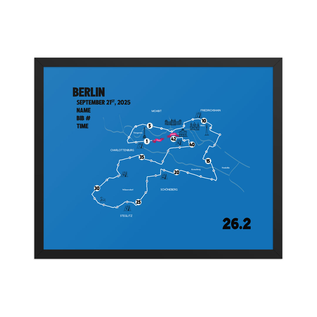 BERLIN MAP PRINT - PERSONALIZED MARATHON MAP WITH YEAR, FINISHER TIME, BIB NUMBER - MARATHON MAP - Sarah Marie Running Co.