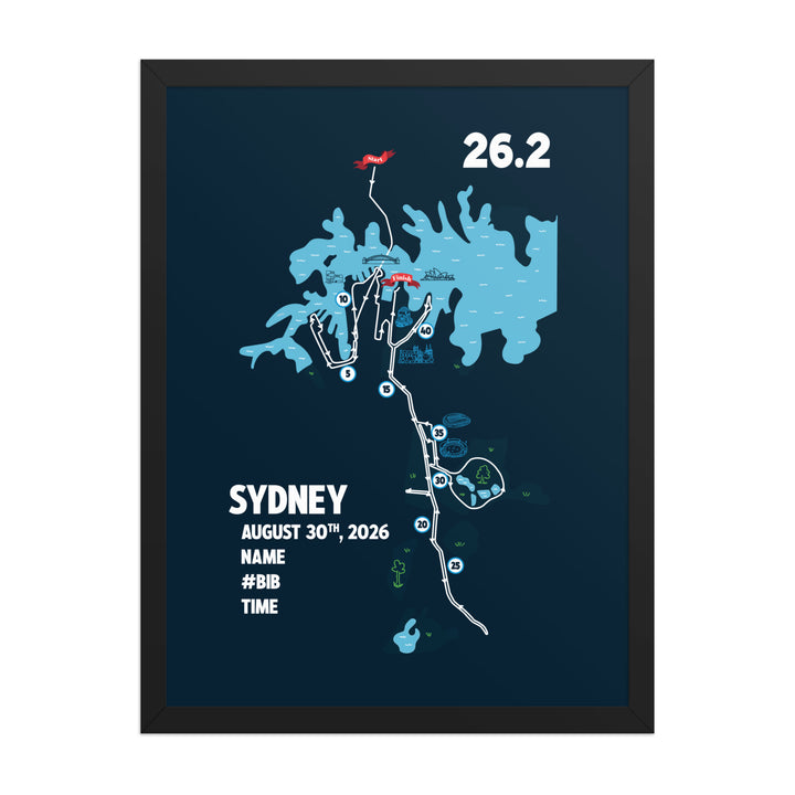 Personalized Sydney race poster celebrating a marathon finish and race day