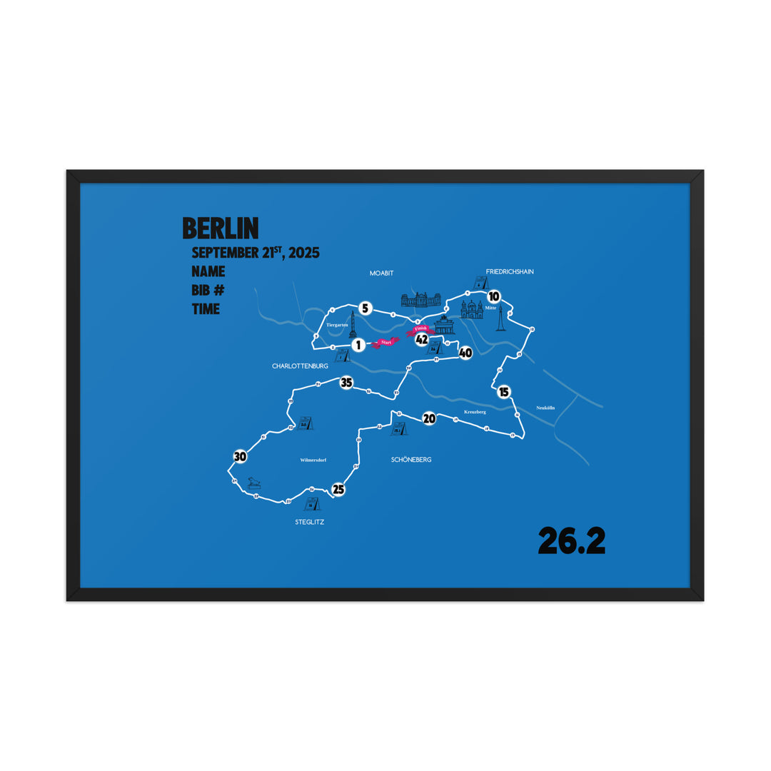 BERLIN MAP PRINT - PERSONALIZED MARATHON MAP WITH YEAR, FINISHER TIME, BIB NUMBER - MARATHON MAP - Sarah Marie Running Co.