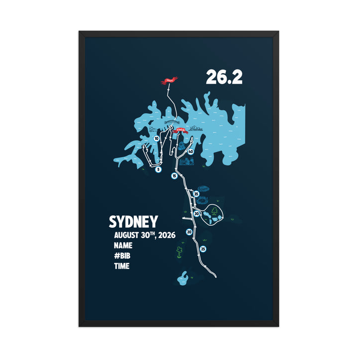 Custom Sydney marathon poster featuring race route and runner details