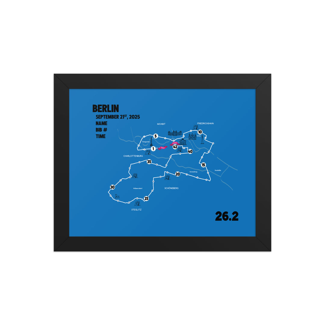BERLIN MAP PRINT - PERSONALIZED MARATHON MAP WITH YEAR, FINISHER TIME, BIB NUMBER - MARATHON MAP - Sarah Marie Running Co.