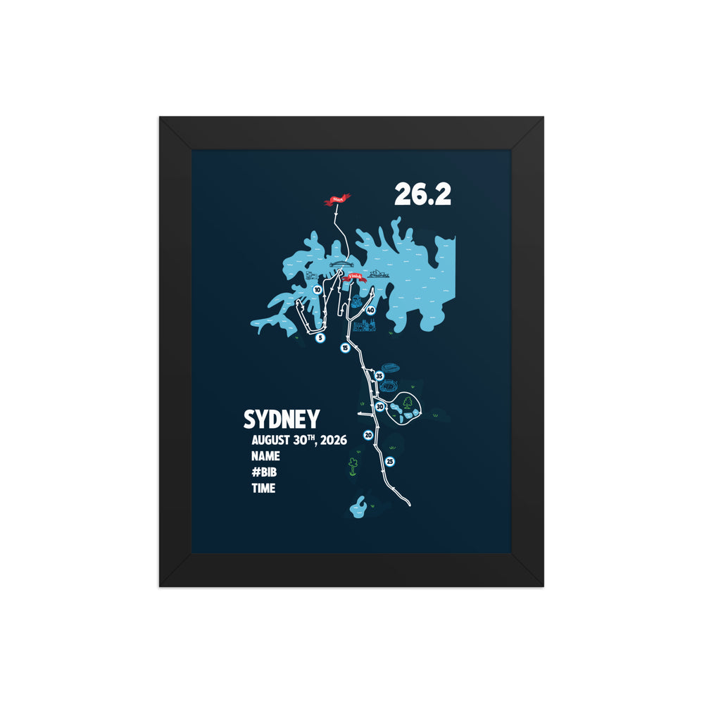 Sydney marathon poster featuring illustrated race map and iconic Sydney landmarks