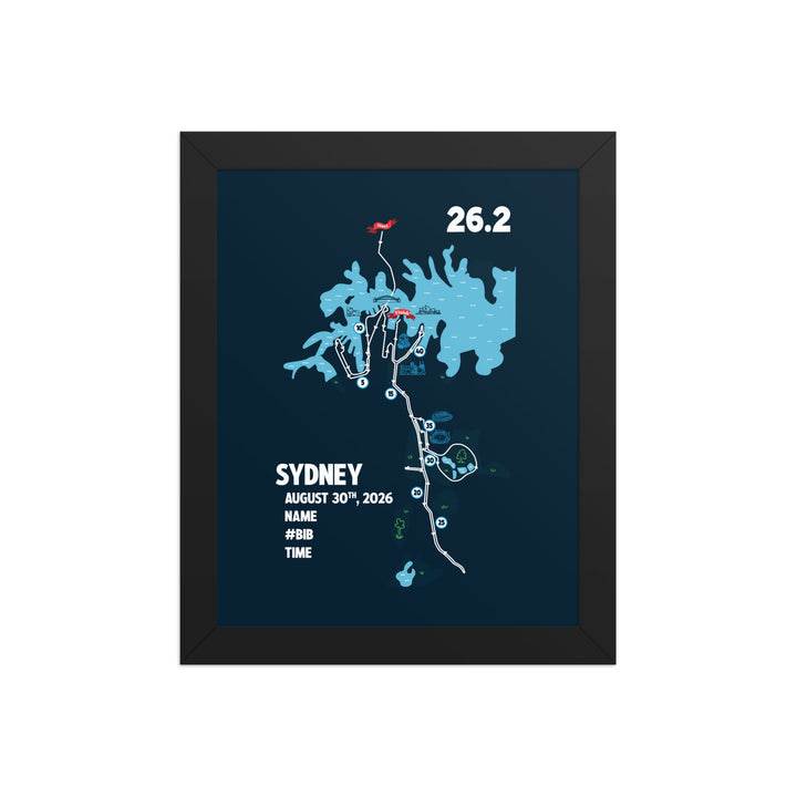 Sydney marathon poster featuring illustrated race map and iconic Sydney landmarks