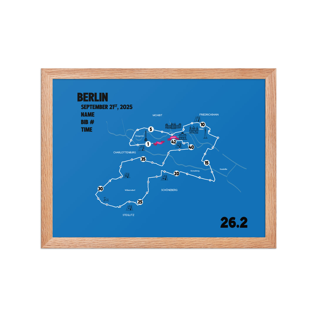 BERLIN MAP PRINT - PERSONALIZED MARATHON MAP WITH YEAR, FINISHER TIME, BIB NUMBER - MARATHON MAP - Sarah Marie Running Co.