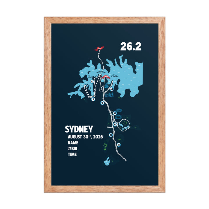 Personalized Sydney running poster with illustrated race course and city landmarks