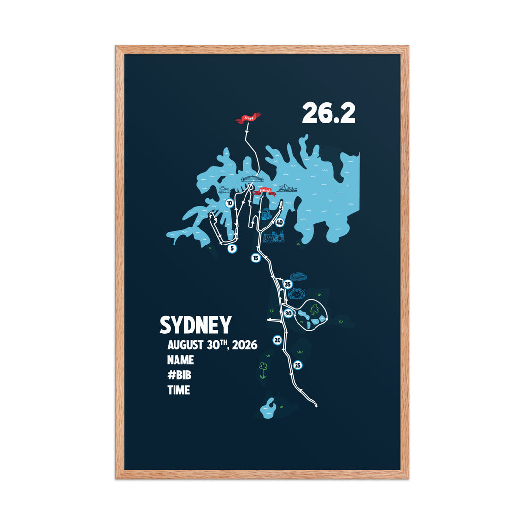 Personalized Sydney marathon wall art featuring illustrated race map