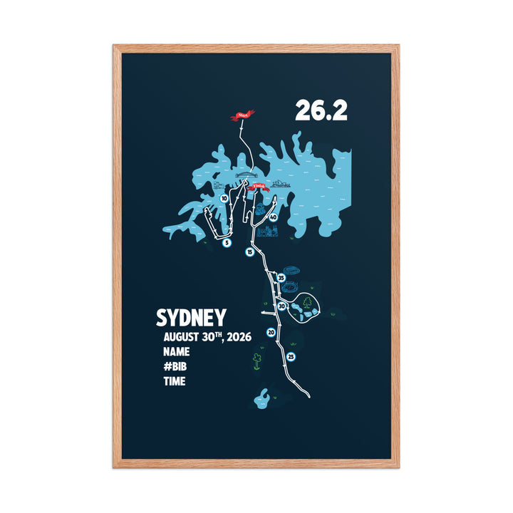 Personalized Sydney marathon wall art featuring illustrated race map