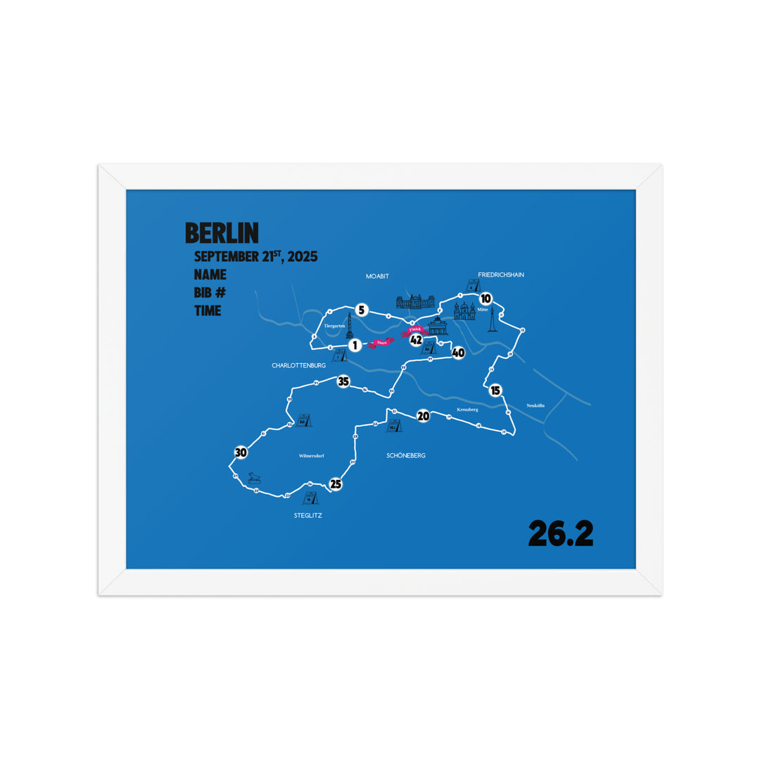 BERLIN MAP PRINT - PERSONALIZED MARATHON MAP WITH YEAR, FINISHER TIME, BIB NUMBER - MARATHON MAP - Sarah Marie Running Co.