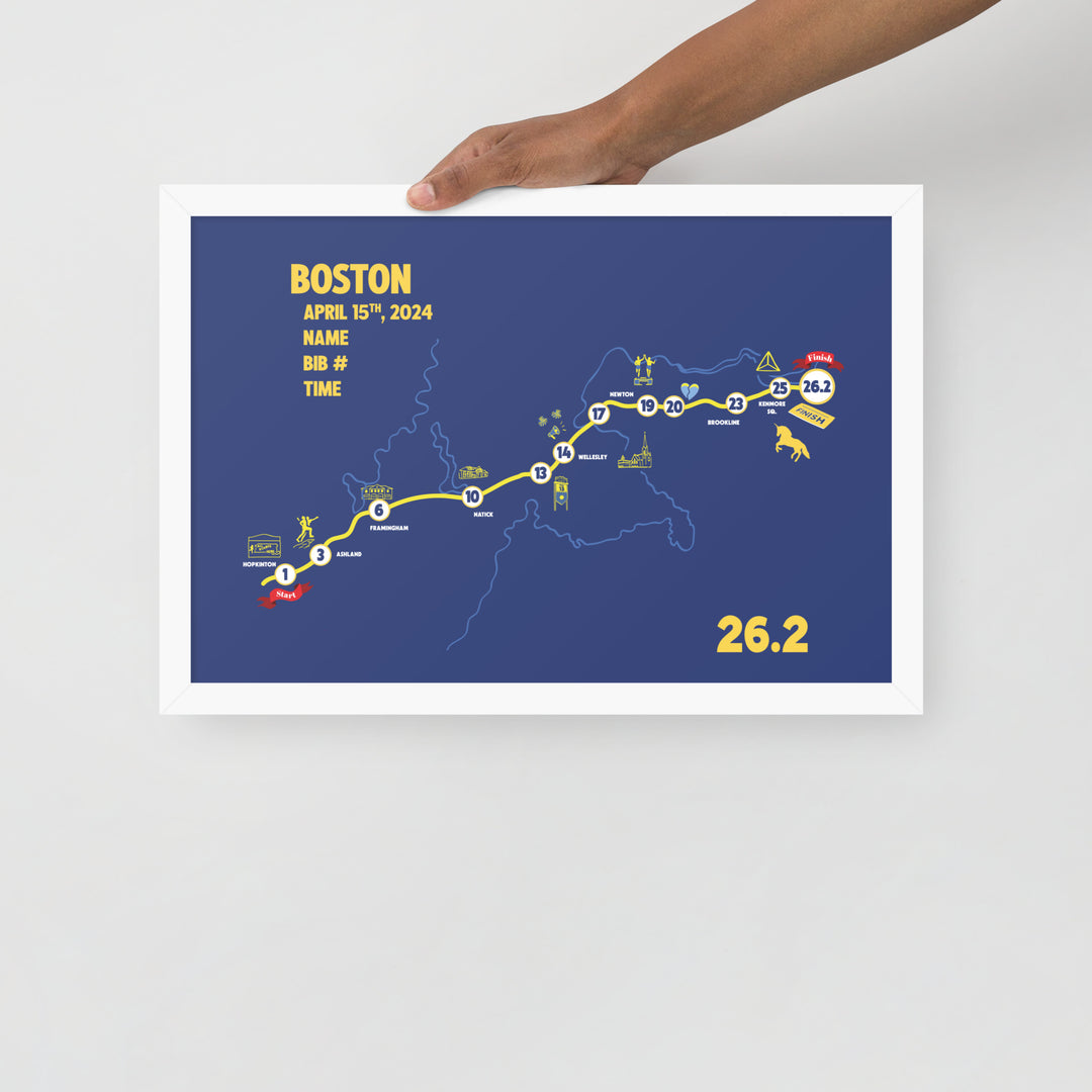 BOSTON MAP PRINT - PERSONALIZED MARATHON MAP WITH YEAR, FINISHER TIME, BIB NUMBER - MARATHON MAP