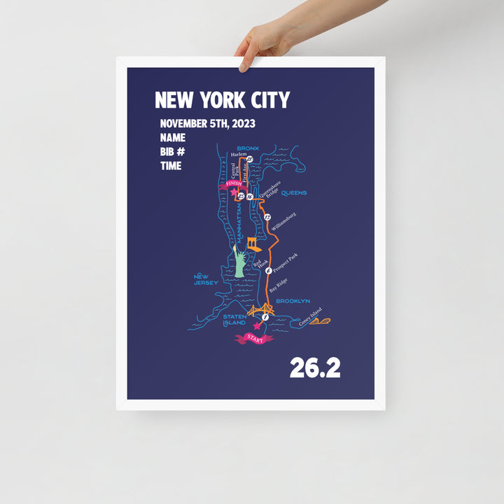 New York City Map Print - Personalized Marathon Map with Year, Finisher Time, Bib Number - Marathon Map