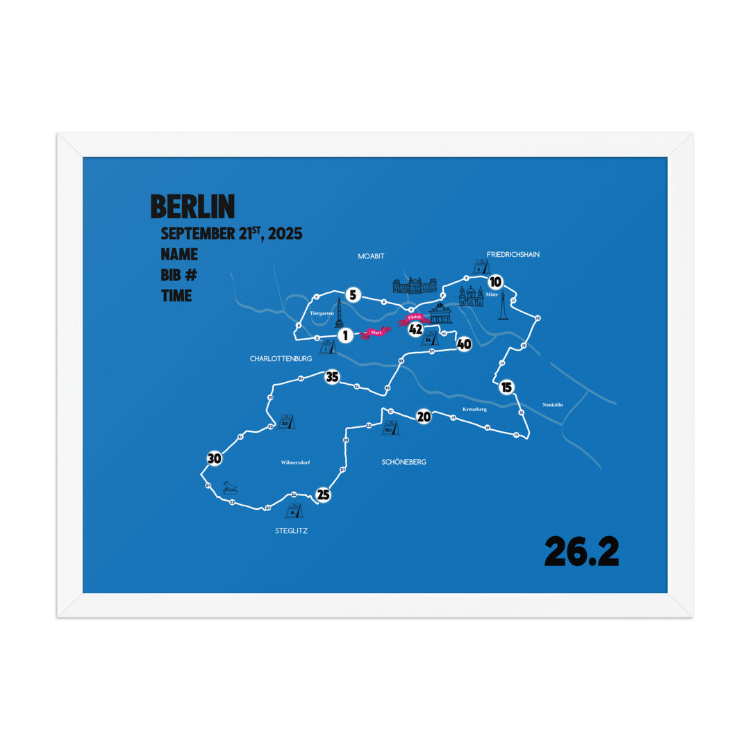 BERLIN MAP PRINT - PERSONALIZED MARATHON MAP WITH YEAR, FINISHER TIME, BIB NUMBER - MARATHON MAP - Sarah Marie Running Co.