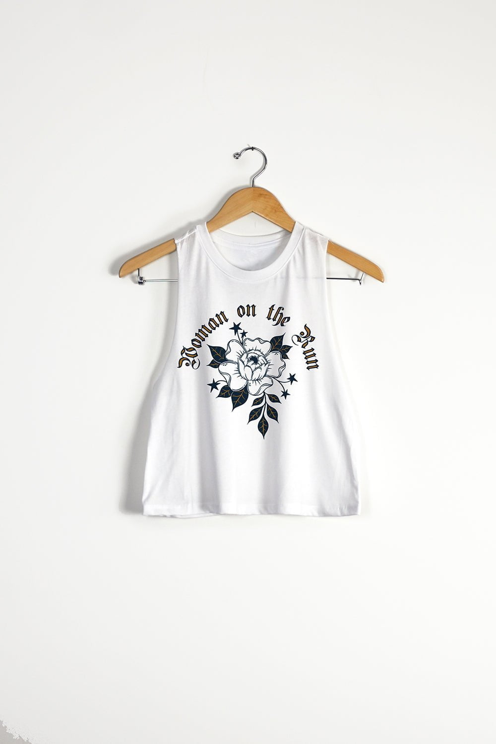 Sarah Marie Design Studio Shirts & Tops Small / White Woman on the Run Racerback Crop Tank